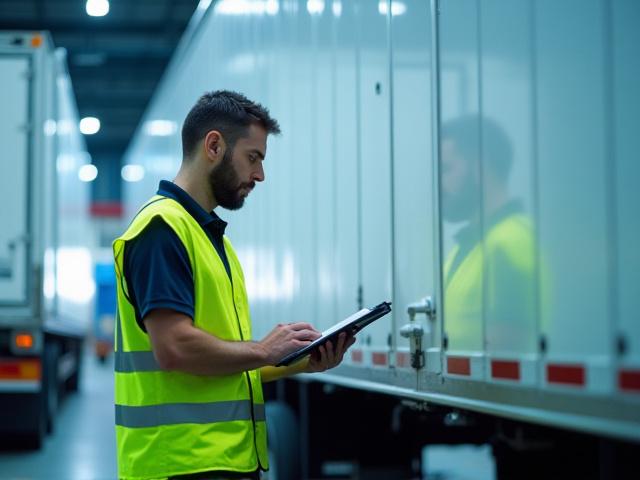 Inspector performing safety check on a logistics trailer