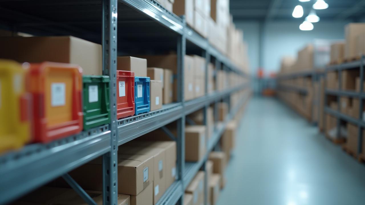 Close-up of organized warehouse racking in Piedmont SC featuring distinct color-coded labels for inventory management