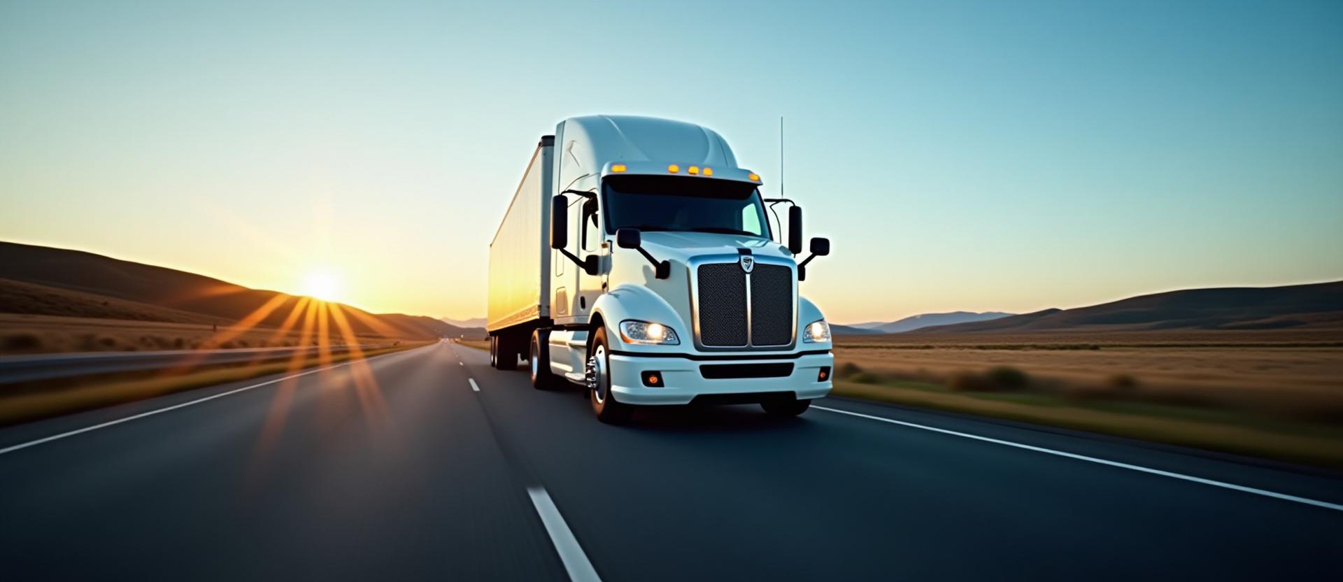 StepUpLogistics heavy-duty freight truck on a scenic highway at dawn