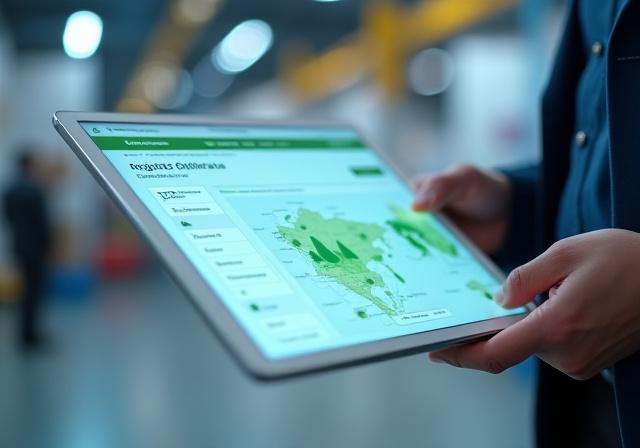 Data visualization on a tablet showing fuel efficiency and logistics routes in a green warehouse setting