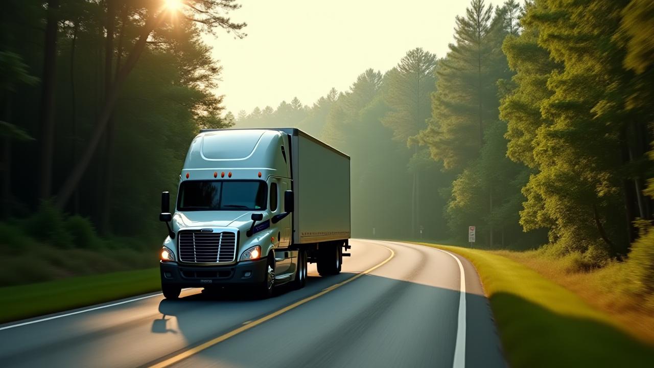 Modern StepUpLogistics truck driving through a lush green landscape in the Southeast